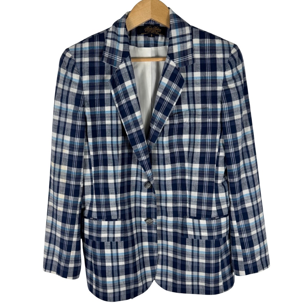 Brooks Brothers Madras Plaid Two Button Blazer Womens 8 Blue White Jacket  USA